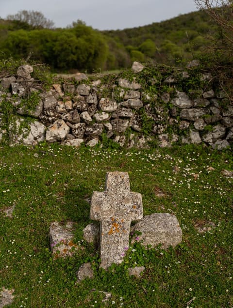 A cross-shaped stećak overgrown with lichen